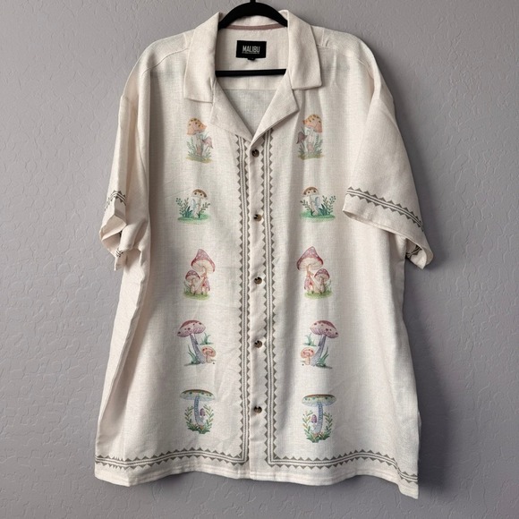 Malibu Drill Mushroom‎ Print Button Up Short Sleeve Camp Shirt Cottagecore 2XL - Picture 1 of 5
